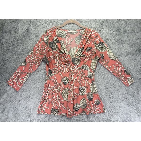Boston Proper Coral Beach Seashell Print 3/4 Sleeves V-Neck Ruched Top Size 5 - Picture 5 of 14